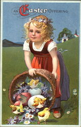 Little Girl and a Basket of Hatching Chicks With Children Postcard Postcard