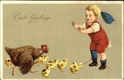 Little Boy, Hen and Chicks With Children Postcard Postcard