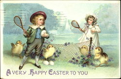 Boy and girl with tennis rackets, net, 4 chicks Postcard