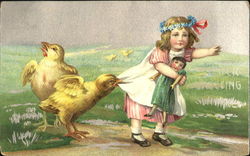 Girl with Doll and Chicks With Children Postcard Postcard