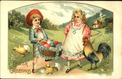 Boy, girl and chickens Postcard