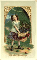 Girl with a basket filled with flowers With Children Postcard Postcard