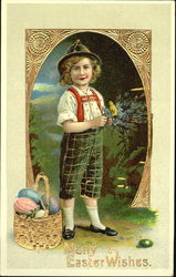 German boy with basket of easter eggs and chick Postcard Postcard