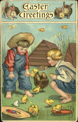 Farm Children with Chickens Postcard