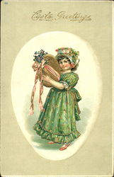 Girl in Green Dress with Egg With Children Postcard Postcard