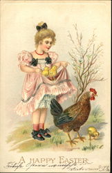 Girl in pretty pink dress holding chicks Postcard