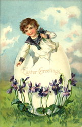 Boy standing in a huge Easter egg and holding flowers Postcard