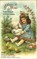 Girl in Blue Dress with Chickens and Eggs With Chicks Postcard Postcard