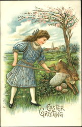 Girl in Blue Dress with Bunny With Children Postcard Postcard