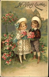 Boy and girl with roses Flowers Postcard Postcard