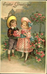 Boy and girl with roses Flowers Postcard Postcard