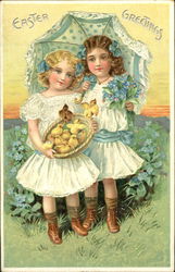 Girls with Chicks and Umbrella Postcard