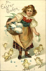 Girl giving Easter eggs to chickens With Chicks Postcard Postcard