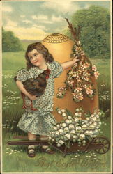 Girl with chick in front of Easter egg and flowers With Children Postcard Postcard