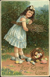 Girl holding green egg and with basket of Easter egg Eggs Postcard Postcard