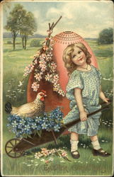 Girl in Blue Dress with Egg, Chicken, and Flowers With Children Postcard Postcard