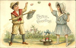 Boy and gir tossing easter eggs in net Postcard