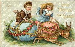 Children Riding Eggs Pulled by Rabbits With Children Postcard Postcard