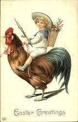 Little boy riding a rooster With Children Postcard Postcard