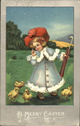 Four Little Chicks and a Girl in Red Bonnet With Children Postcard Postcard