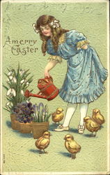 Girl in Blue Dress with Chicks With Children Postcard Postcard