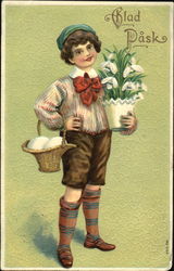 Little Boy Holding an Easter Basket and Easter Flowers With Children Postcard Postcard