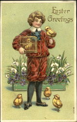 Boy in red outfit, 1 chick in cage, 1 on his hand, 3 on ground With Children Postcard Postcard