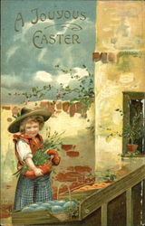 Girl looking at table with blue eggs and basket Postcard