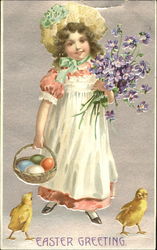 A girld is holding an egg basket and flowers as 2 chicks watch With Children Postcard Postcard