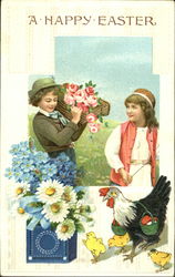 A couple of kids with chicks in the foreground and a box of flowers Postcard Postcard