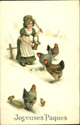 Girl in apron with egg basket, hens and chicks With Children Postcard Postcard