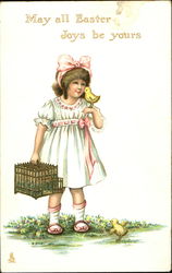 Little Girl in WHite Holding a Chick Postcard