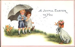 Children with umbrella looking at a goose Postcard