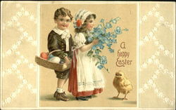 Boy and girl with flowers and eggs and a chick Postcard