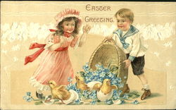 Young girl and boy with basket of flowers and hatching chicks With Children Postcard Postcard