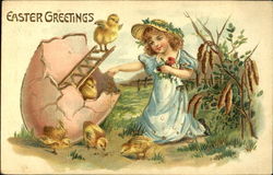 Girl next to opened egg, one chick on ladder, 4 other chicks Postcard