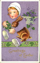 Fade Away Girl holding rabbit, basket with purple flowers Postcard