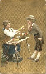 Girl vending Easter items to boy With Children Postcard Postcard