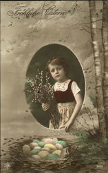 Girl Holding Flowers with Eggs in Nest With Children Postcard Postcard