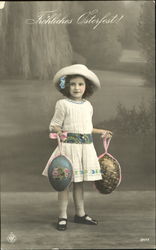 Girl holding two big eggs with pink ribbons With Children Postcard Postcard