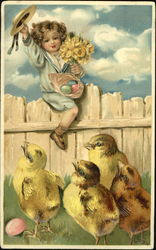 A boy climbs over a fense as 4 chicks watch Postcard