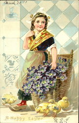 Dutch Girl with Chicks and Blue Flowers Postcard