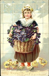 Girl with basket of blue flowers and chicks Postcard