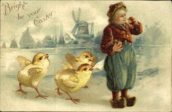 Dutch boy, 3 chicks, windmill in background With Children Postcard Postcard