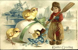 Little Dutch BOy and Three Easter Chicks Postcard