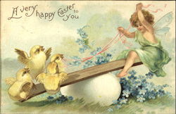 Girl on seesaw across from 4 chicks With Children Postcard Postcard