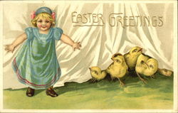 Girl in front of curtain, five chicks peeking out With Children Postcard Postcard