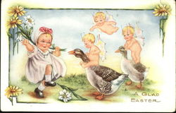 Girl with Cherubs Riding Geese Postcard