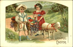 Two children with a cart full of easter eggs With Children Postcard Postcard