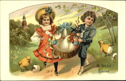 Children Carrying a Basket with Chickens With Children Postcard Postcard